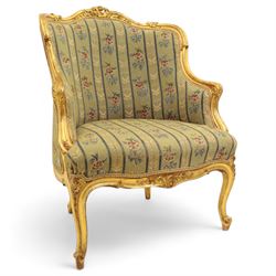 French design giltwood armchair, the shaped serpentine back decorated with foliate crestin...