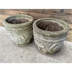 Pair of cast stone ornate circular planters