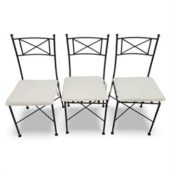 Modern metal and glass conservatory suite, comprising rectangular dining table with clear glass top and six matching metal framed chairs with upholstered seats, together with a matching glass topped coffee table
(Chairs H 92cm, W 42cm, Coffee table H 45cm, W 60cm)