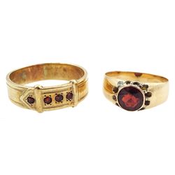 9ct gold garnet buckle design ring, hallmarked and a 9ct single stone garnet ring