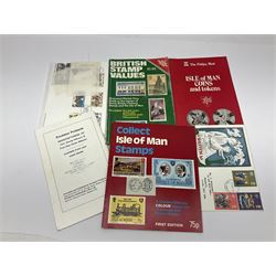 Stamps including Great British and Channel Islands first day covers, with various postmarks and genres, reference material etc, housed in various folders and loose, in one box