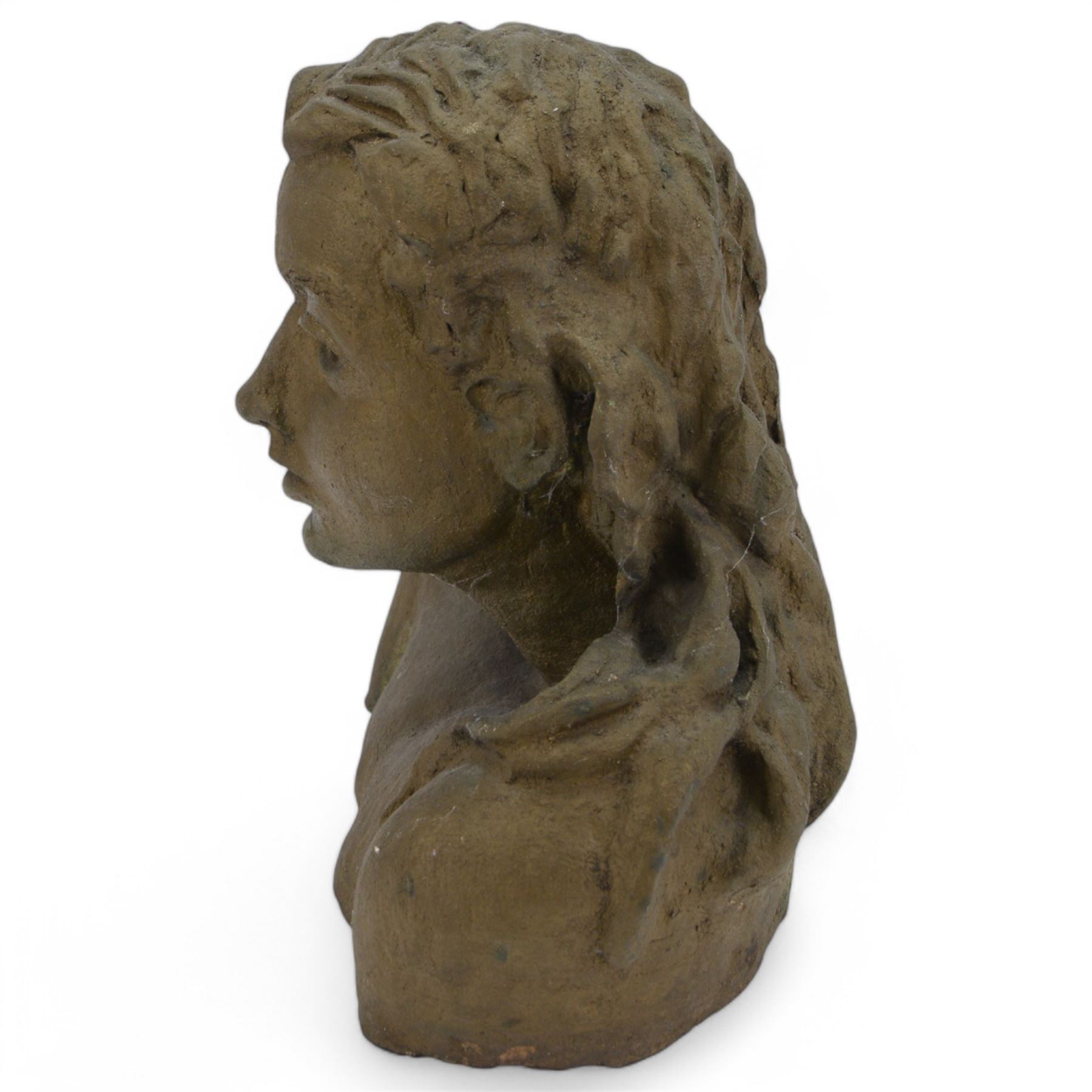 Modern composite bust of young woman, in the manner of Jacob Epstein, with metallic finish, signed Epstein beneath, H40cm