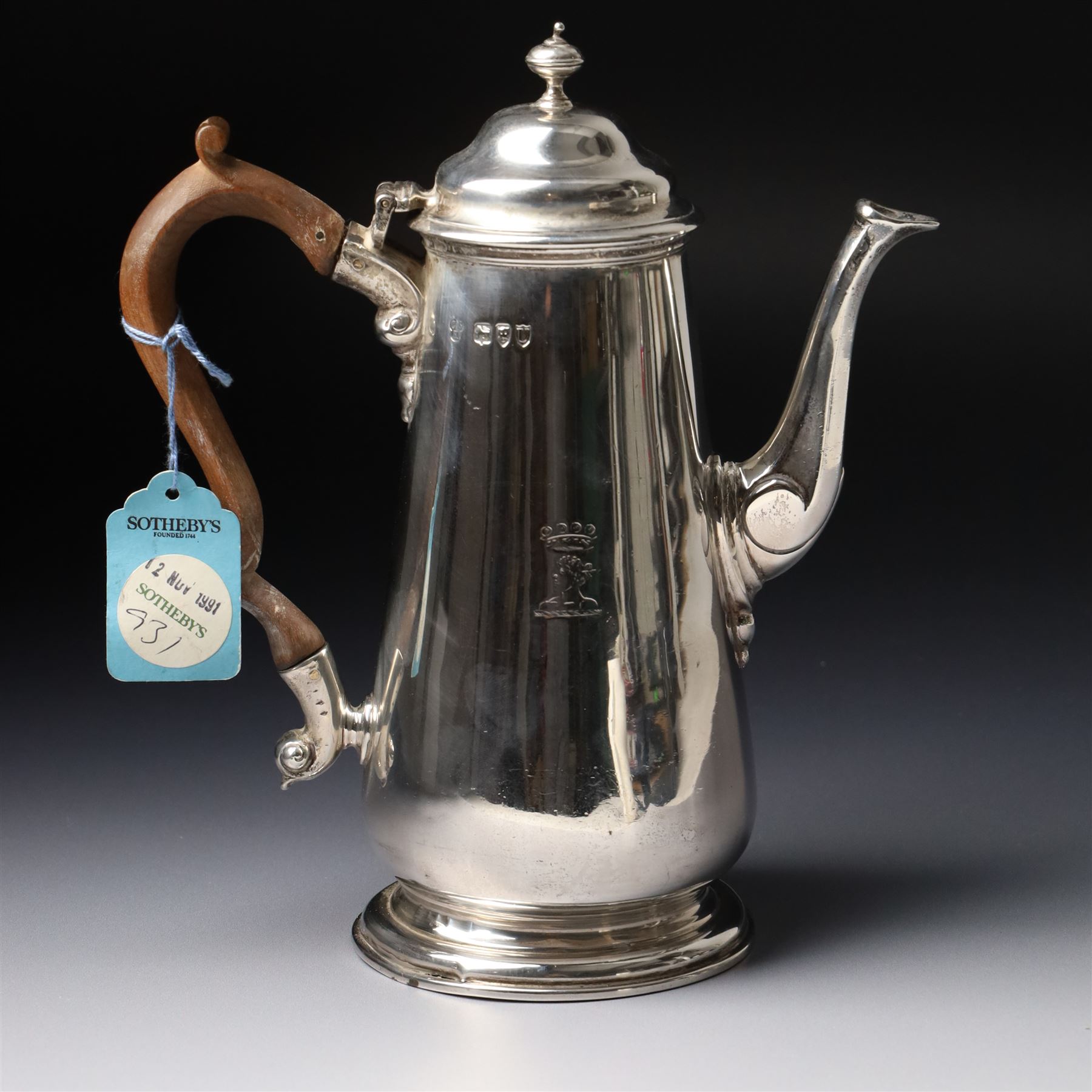 Late Victorian silver small coffee pot with stained wood handle and domed cover and engraved with a crest H20cm London 1895 Maker Charles Stuart Harris