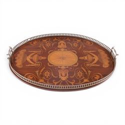 19th century inlaid mahogany tray, decorated with rams heads and floral sprigs, with priced metal boarder, L68cm 