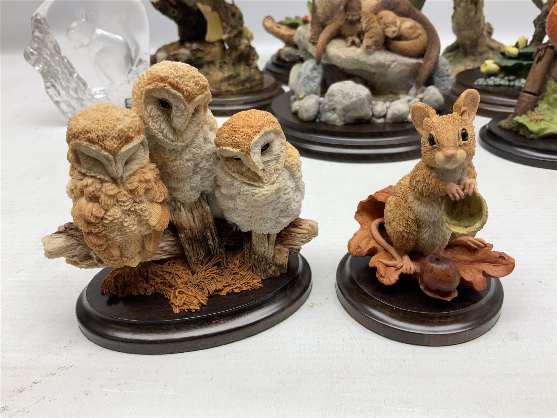 Quantity of Country Artists figures, comprising Woodland Visitors G800, Otter Family CA 552, Barn Owl CA 431, Wren CA 81, Mouse and Acorn CA784, Kingfisher - Broadway CA422, Early Days - Barn Owlets CA 720, together with two Border Fine Arts figures comprising Woodcock by James Harvey, 1985 and First Outing, Many with original boxes (9)