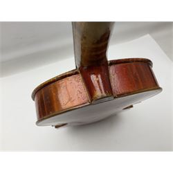 Two three-quarter size violins - German Saxony with 34cm one-piece maple back and ribs and spruce top; L56cm overall; and Hungarian with 34cm two-piece maple back and ribs and spruce top; L56cm overall; each in carrying case with bow (2)