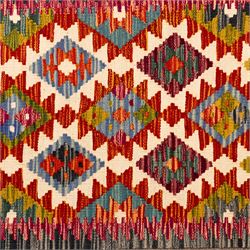 Afghan Chobi flatweave kilim runner, with a repeating stepped diamond medallion design in ivory, green, rust, teal, purple, indigo, and framed by chevron and geometric borders