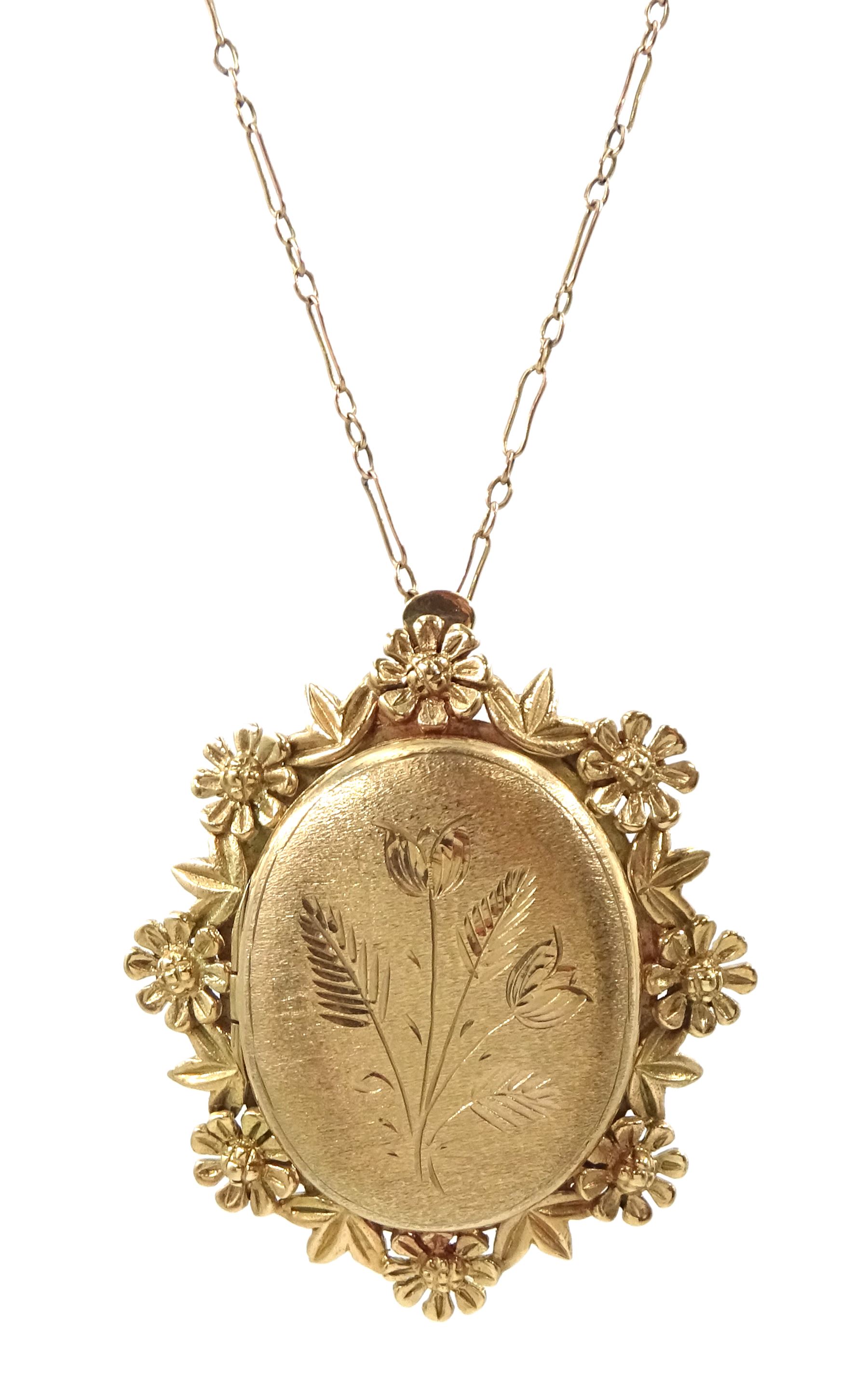 Gold hinged locket pendant/brooch, with foliate border, hallmarked, on 9ct gold link chain necklace