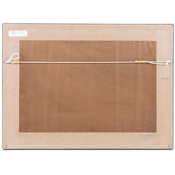 Rowland Langmaid (British 1897-1956): Newlyn and St Michael's Mount, etching signed in pencil 16cm x 30cm; Frank Henry Mason (Staithes Group 1875-1965):  Surrender of the German Fleet, etching 17.5cm x 35cm (2)
Notes: Original signature removed and wrongly attributed.