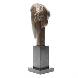 After Amedeo Modigliani (Italian 1884-1920): Head of a Young Woman, bronze on stepped marble plinth, overall H36.5cm