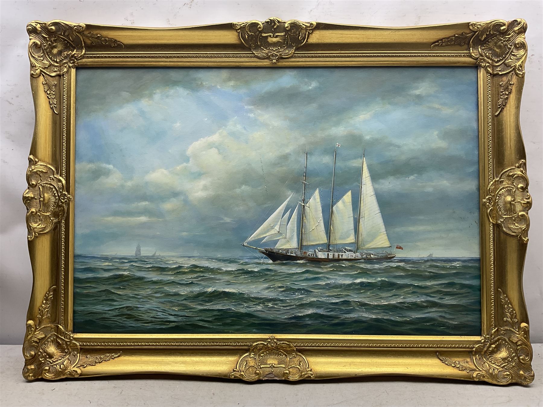 Brian Mays (British 1938-2005): 'Sir Winston Churchill' - Study of a Three Masted Topsail Schooner, oil on canvas signed, titled verso 49.5cm x 75cm 
Provenance: direct from the family of the artist.