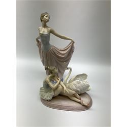 Collection of seven Lladro figures, including Seated ballerina with swan 6204, Childhood Dream 8129, Dancer 5050, reclining clown with ball alongside a selection of other figures. 