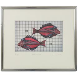 Hans-Joachim 'Jockel' Reisner (German 1938-2023): 'South Sea Fish', limited edition coloured etching signed titled dated 1989 and numbered 6/12 in pencil 20.5cm x 31.5cm (2)
Notes: Reisner is best known for creating the Bradford City Fire Memorial in 1986. His style of printmaking is characterised by geometric lines and shapes, influenced by his degree in engineering.