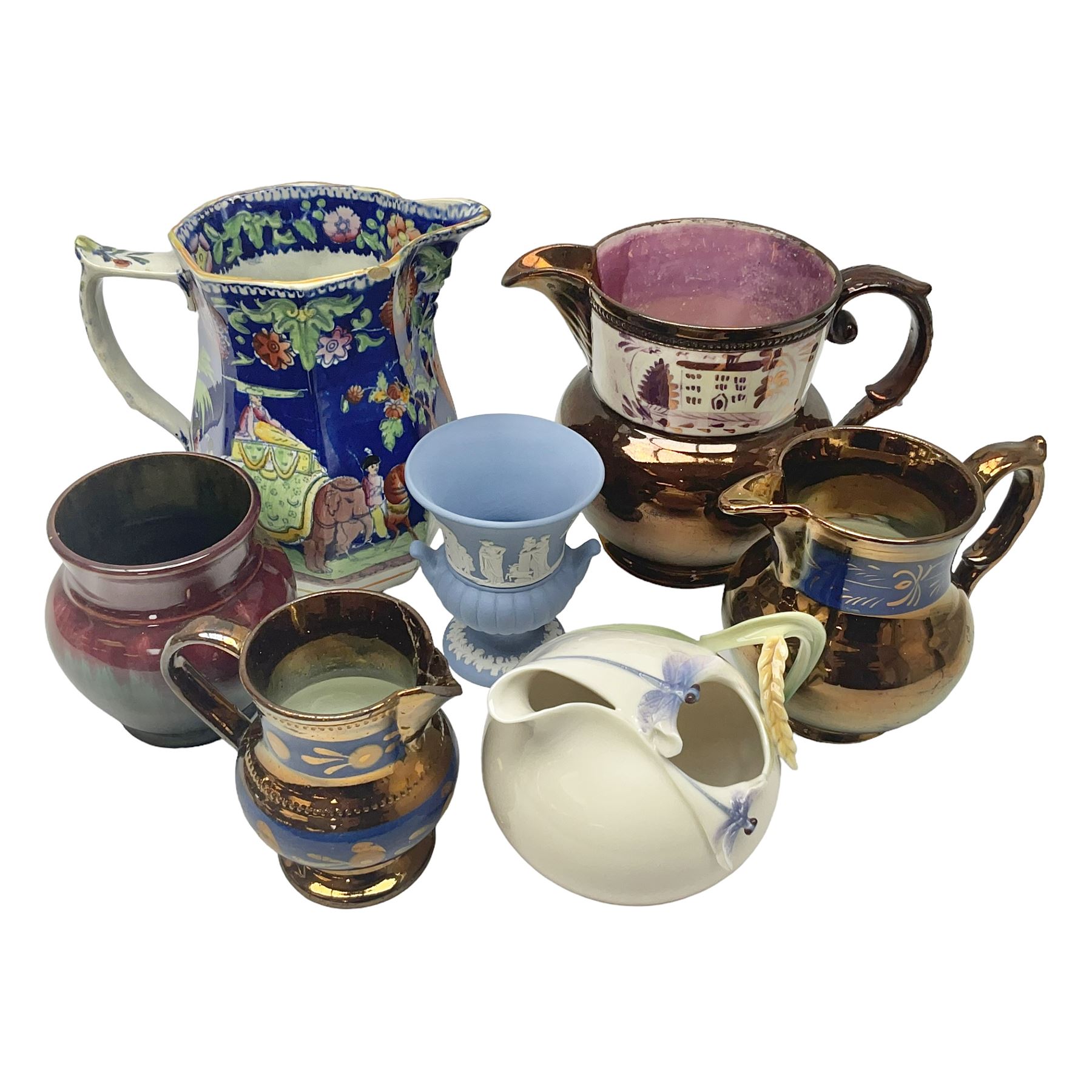 Franz jug, together with three lustre jugs, Wedgwood Jasperware vase and two others 