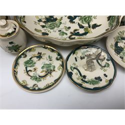 Collection of Masons Ironstone Chartreuse pattern, to include clock, six teacups, twin handled dish, ring dish, plates vases, etc, many with original boxes, clock H24cm 