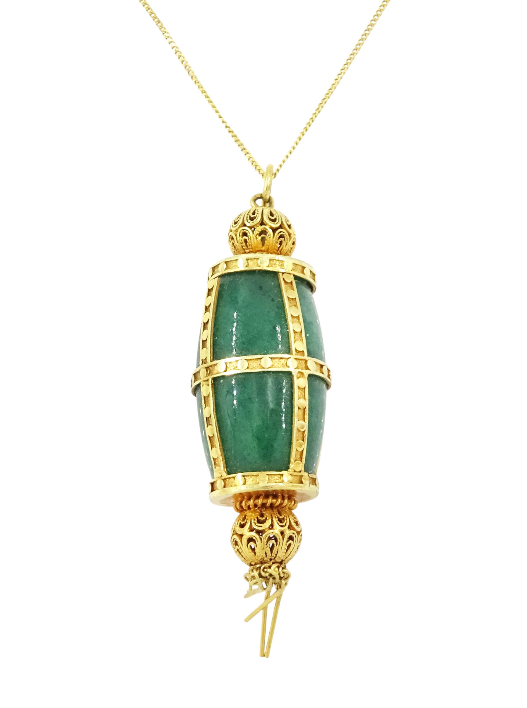 14ct gold jade pendant, with tassel drop, on a 9ct gold trace link chain necklace