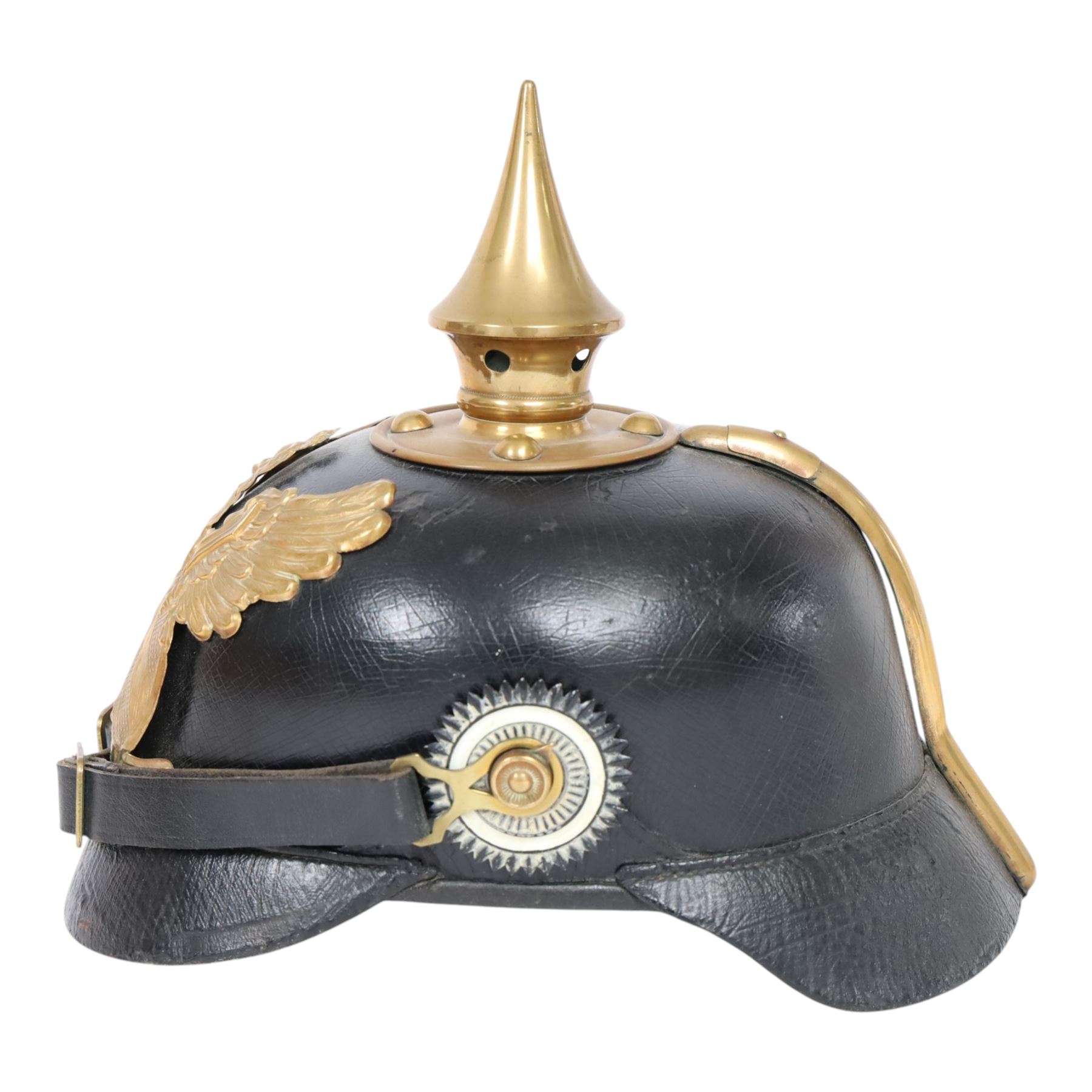 WWI Prussian M1895 Pickelhaube, Infantry 48 3rd battalion, the black leather skull with brass spike finial, brass eagle helmet plate and leather chin strap, one side with a black cockade, with leather lining  marked JR48 