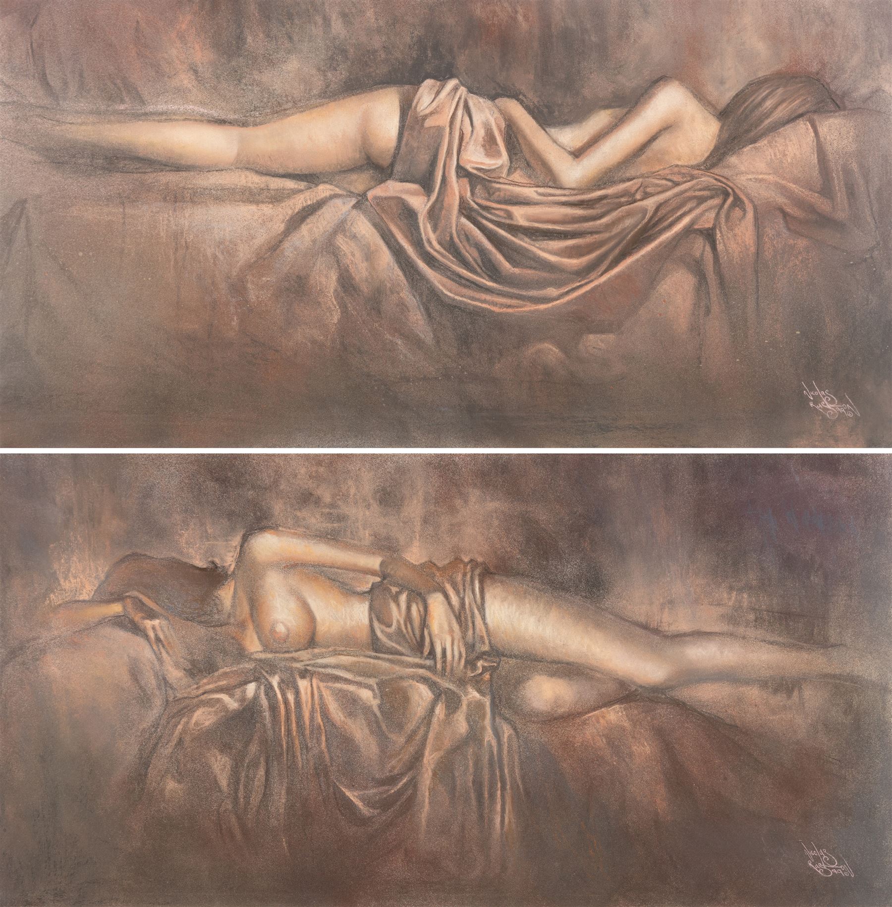 Nicolas Ruston (British 1975-): Reclining Nudes, pair of mixed media signed and dated '99, 38cm x 74cm (2)