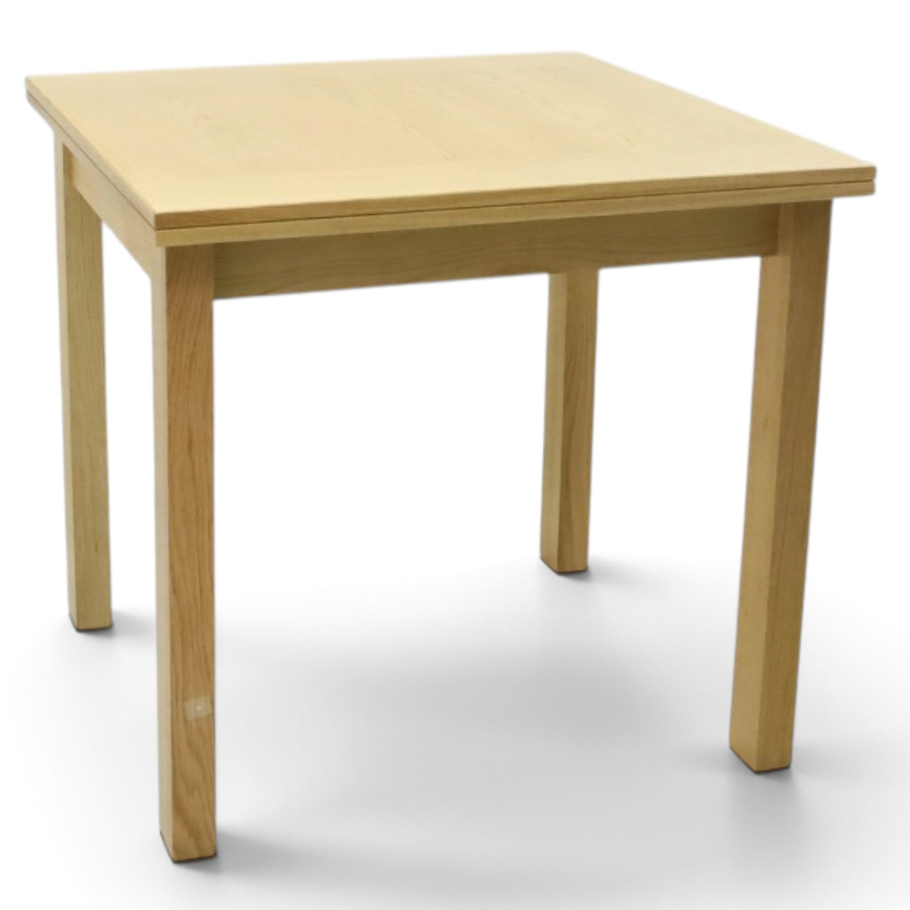 Contemporary light oak extending dining table, the square top with pull-out and fold-over action, raised on square supports