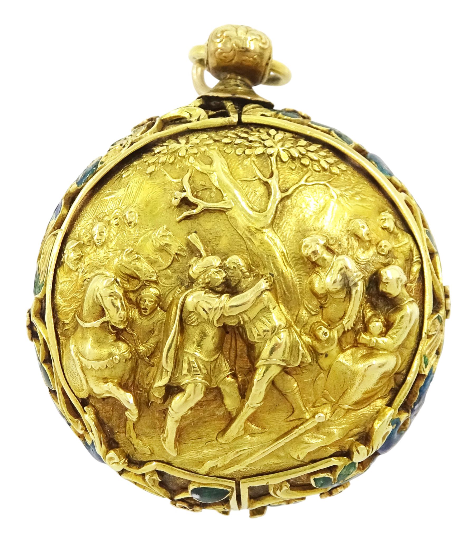 18th century 18ct gold fusee lever full hunter repousse pocket watch with later 19th century modifications to the movement, the 18th century case depicting figures in front of a tree with sheep in the background and enamelled leaf surround, the reverse depicting a classical scene with figures and horses, the side with enamelled bird and foliate decoration, 18th century polychrome dial with gilt hour hand, Roman numerals and quarter hour markers.