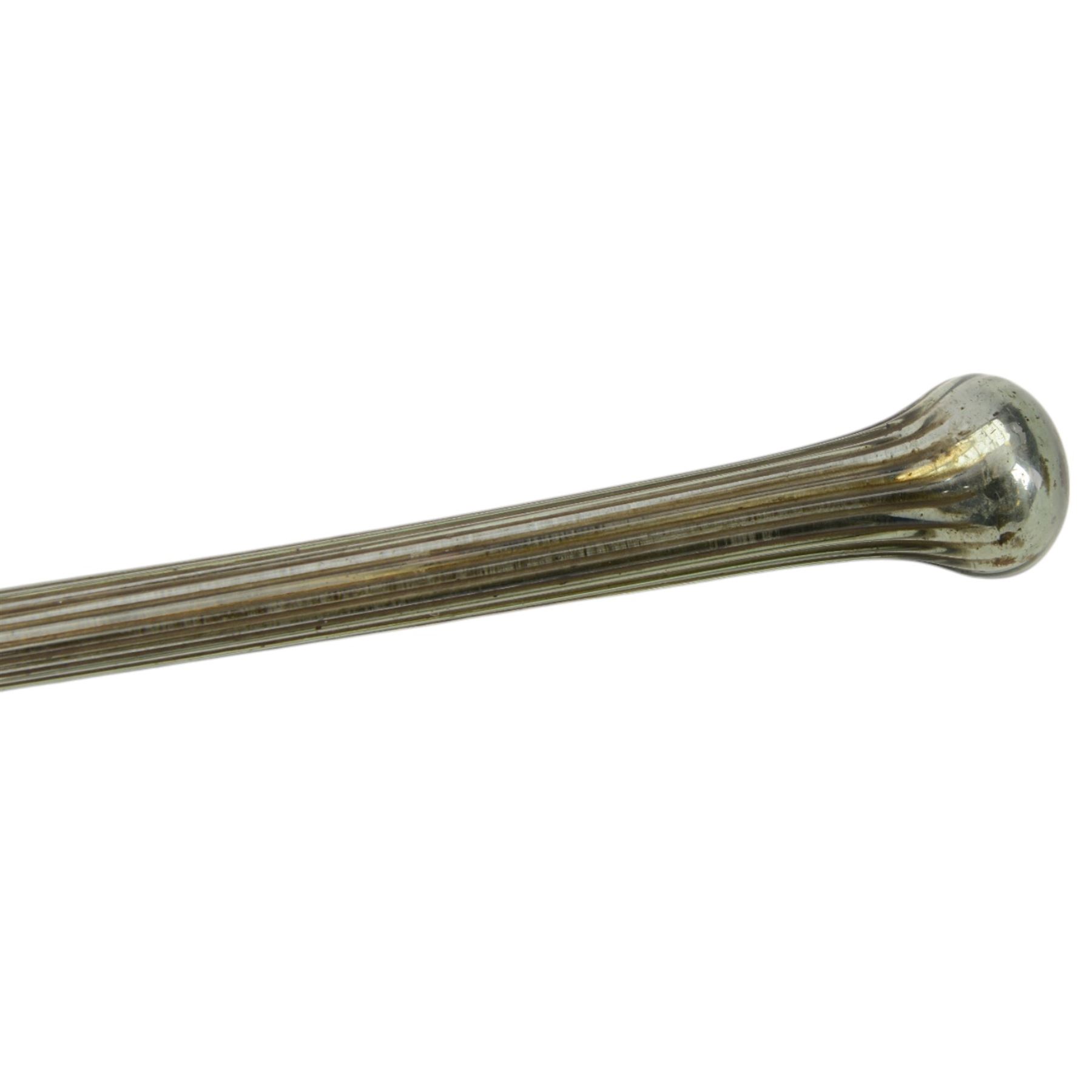 Blown glass walking stick with a metallic silver interior coloring and ribbed stem, L114