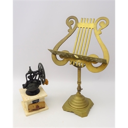  Brass lyre shaped tabletop music stand and a coffee grinder  