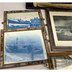 RNLI collection box in the form of a boat makers half block model, painted in the colours of a lifeboat with flag and ship motifs, H25cm, L73cm together with framed photos, postcards and prints of lifeboats and crew, including Scarborough lifeboat station