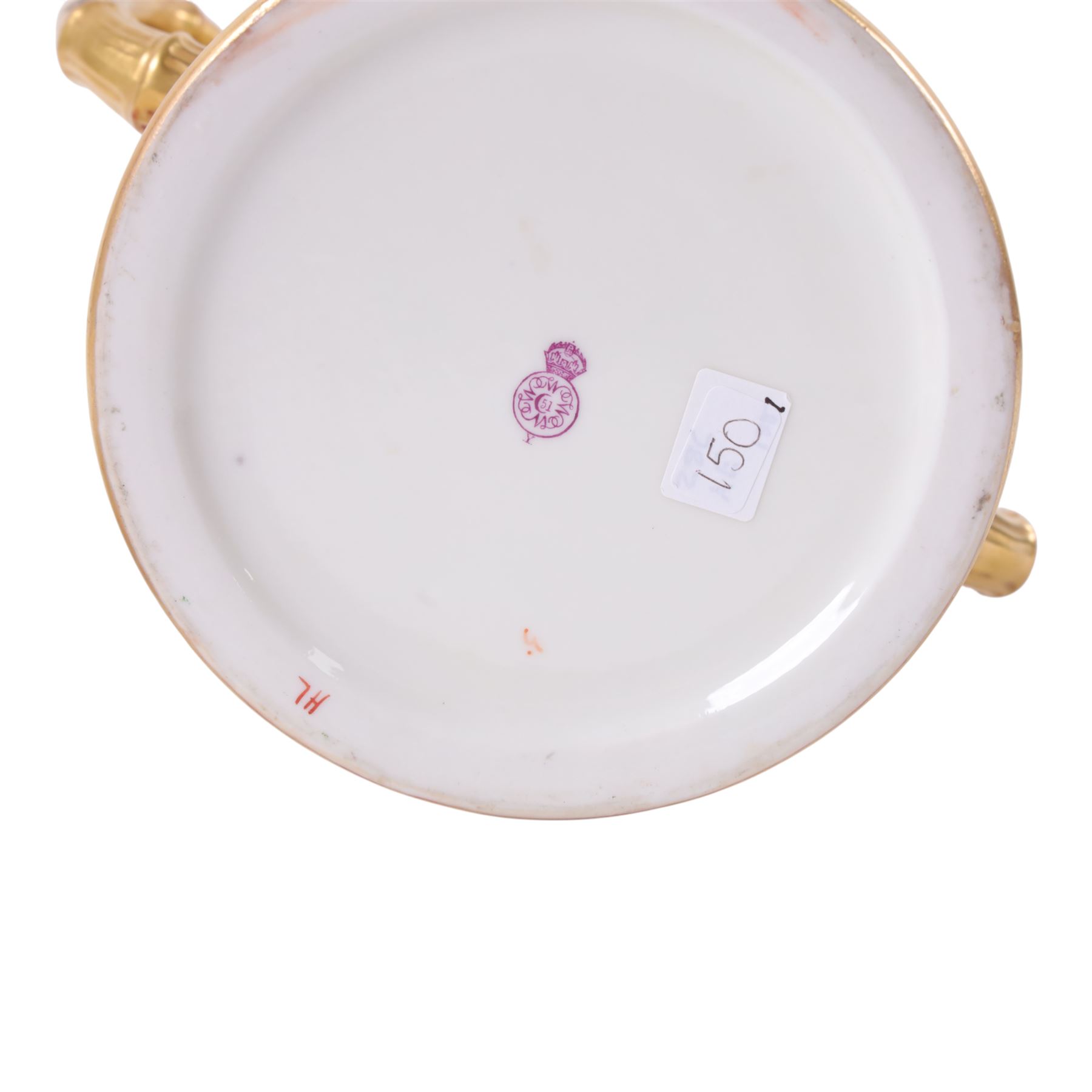 Royal Worcester Blush Ivory twin handled biscuit barrel and lid, in the form of bamboo with gilt highlights, H19cm 