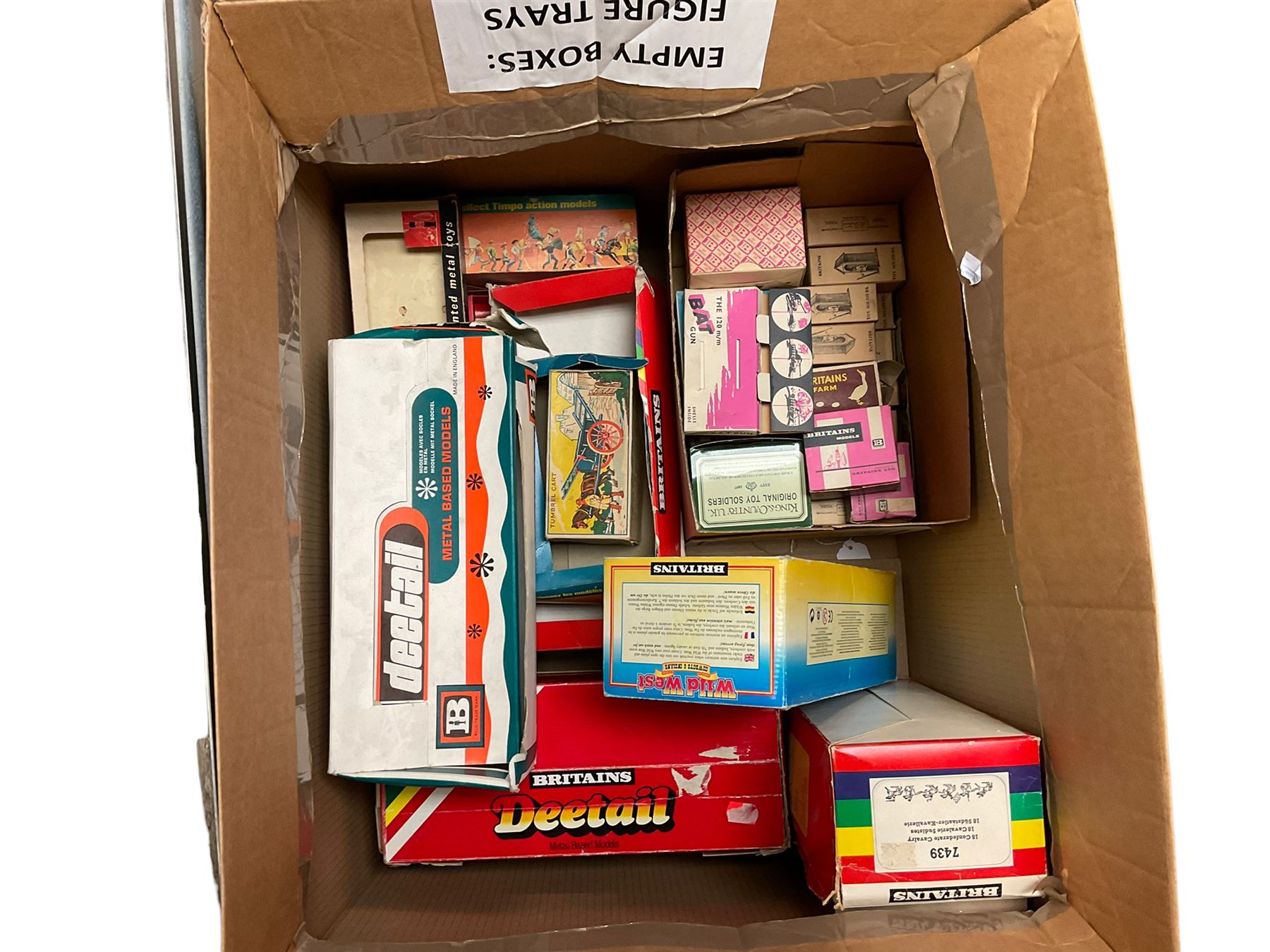 Collection of vintage toy boxes, including Britain's Wild West Cowboys and Indians, Deetail, etc