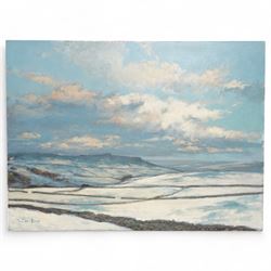 William Burns (Northern British 1923-2010): 'Derbyshire Winter - Higger Tor', oil on board signed, inscribed verso 45cm x 61cm (unframed)