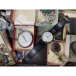 Victorian and later jewellery including silver thimble, rolled gold pendants, earrings and brooches and a collection of wristwatches including Sekonda, The Westminster Collection Historic Timepieces Spitfire pocket watch etc