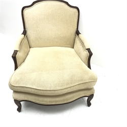 French walnut framed armchair, upholstered in a pale gold fabric, serpentine front seat, cabriole legs, W90cm