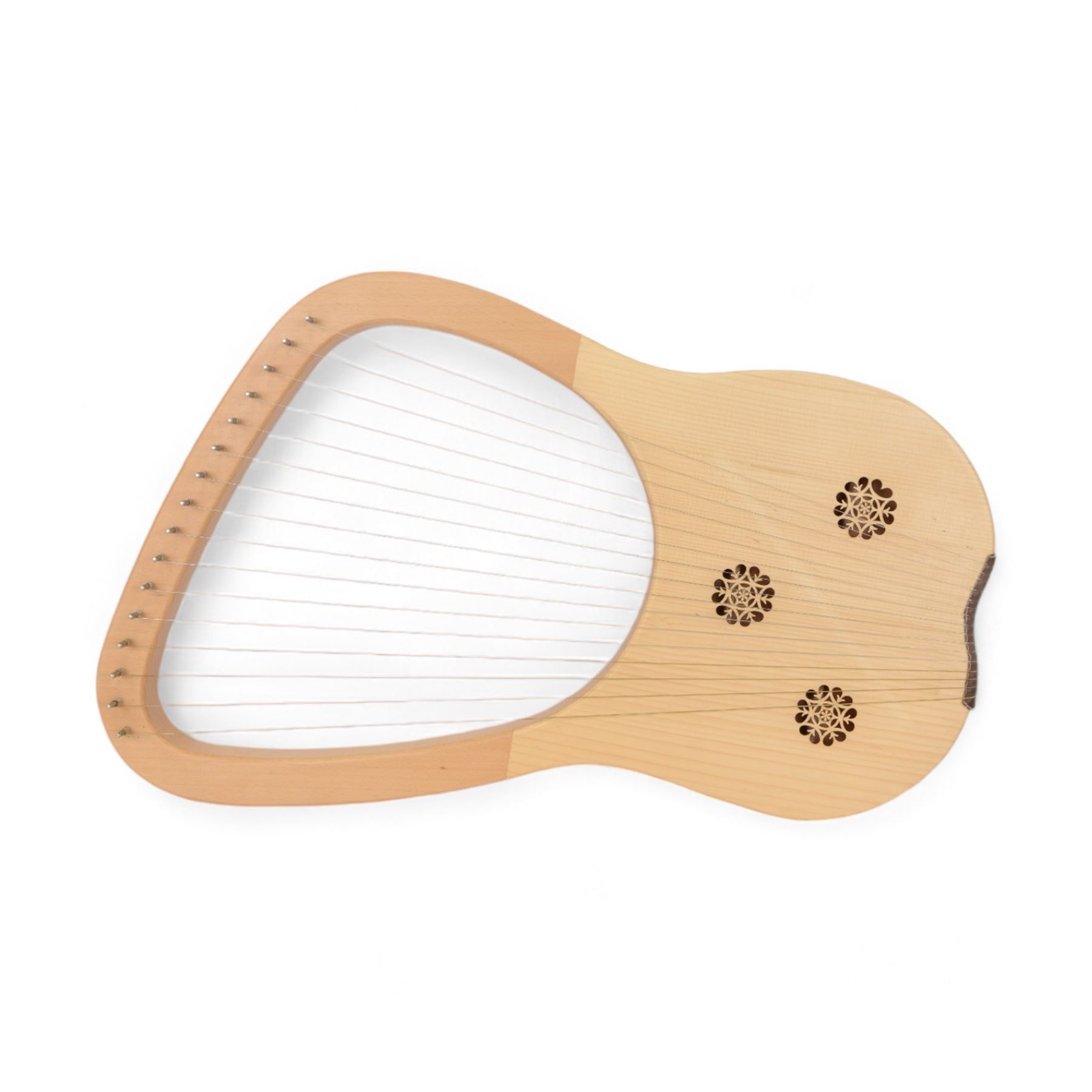 Contemporary - 16 string lyre harp with a beech and ash frame, steel strings and plated tuning pins, with decorative fretwork to the soundboard.