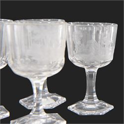 Set of four Galle, Nancy, intaglio engraved liqueur glasses, Gallé, Nancy, circa 1880, each with faceted bucket bowl engraved with animals within landscape settings, upon hexagonal stems and hexagonal feet, two examples engraved 'Galle Reinemer a Nancy', one engraved 'Galle a Nancy', and one unsigned, H7cm