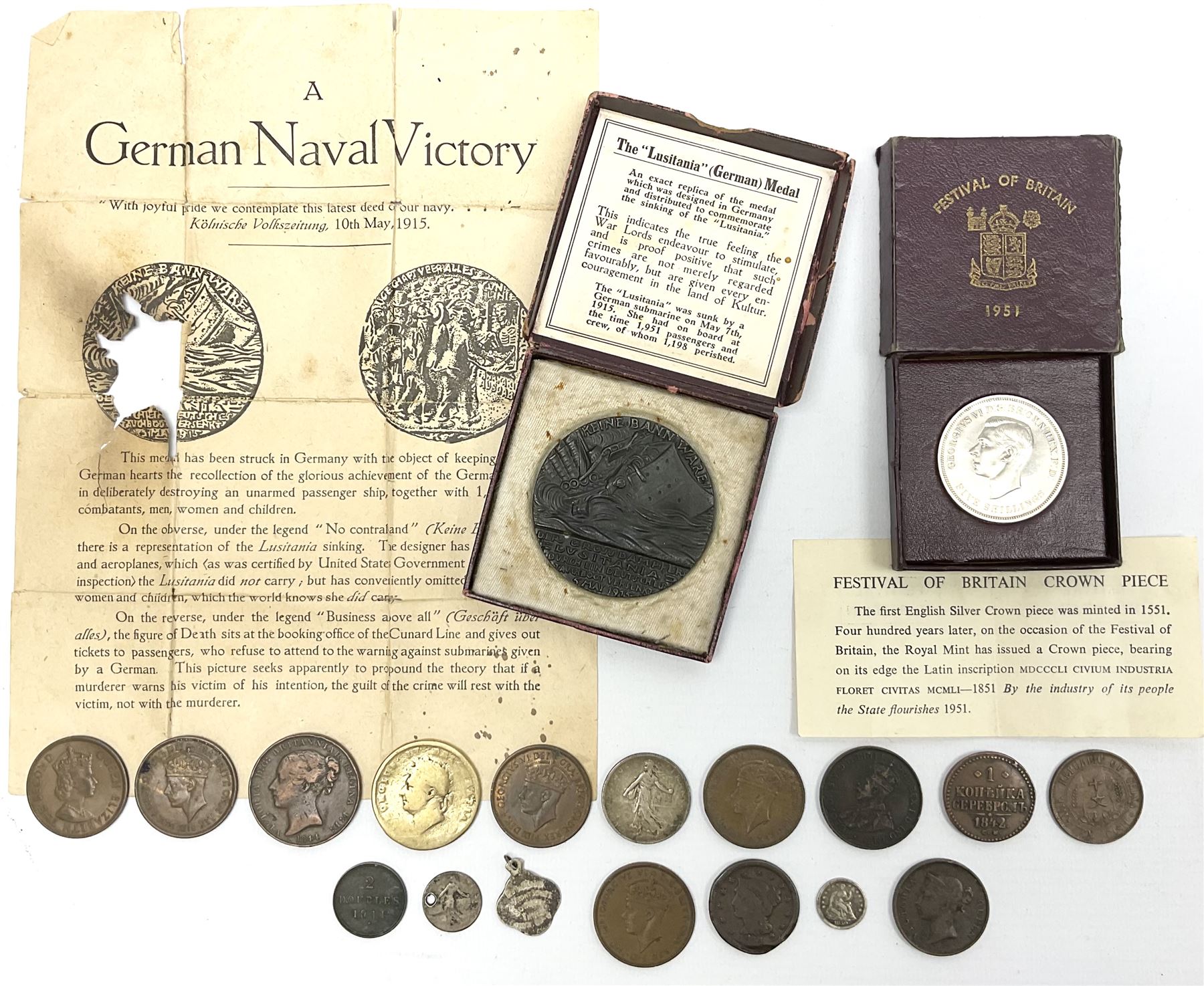 Lusitania replica medal, boxed and various coins including King George VI 1951 Festival of Britain crown, United States of America 1844 one cent and 1850 half dime, Queen Victoria States of Jersey 1844 one thirteenth of a shilling, etc