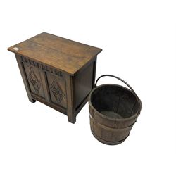 Tudor style oak coal type box with hinged top, with tin liner; and a coopered bucket (2)