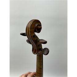 French Mirecourt violin c1920s with 36cm one-piece maple back and ribs and spruce top, labelled Jermone Thibouville-Lamy, L59cm, in fitted carrying case with German bow and 1984 valuation certificate by Frome Valley Music