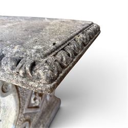 Cast stone three piece garden bench, curved form with detailed top