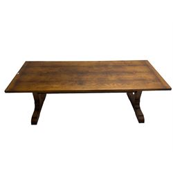 Dorset Oak - large refectory dining table, rectangular plank top, raised on shaped end supports with sledge feet, united by stretcher