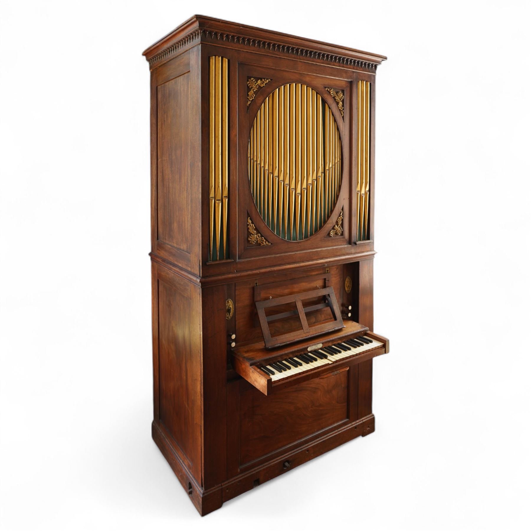 Late 18th century Chamber Organ by Thomas Elliot of London 1790.
Single manual organ, four octave keyboard with 54 keys C-f3, A=448, with Ivory naturals and ebonized sharps, makers’ name engraved on an ivory cartouche, detachable key cover, and music desk (in need of attention). With four speaking stops. Stopped Diapason, Open diapason, Principal and Fifteenth. Crank/pedal operated single rise bellows also provided with an electric blower. Original case with display pipes and candle sconces (one damaged). All pipework present: however there are some damaged pipes, cyphers, and several pipes require re-location in the soundboard, the instrument plays, but some parts of the action and blower will require attention/repair and adjustment.

Given the intricate nature of these historic instruments, specialist support will be available if required – including a professional organ builder prepared to undertake full dismantling and reassembly – to assist successful buyers with safe removal and onward handling. Price upon application.


This item has been registered for sale under section 10 of the APHA Ivory Act Reference EH8B3YPL