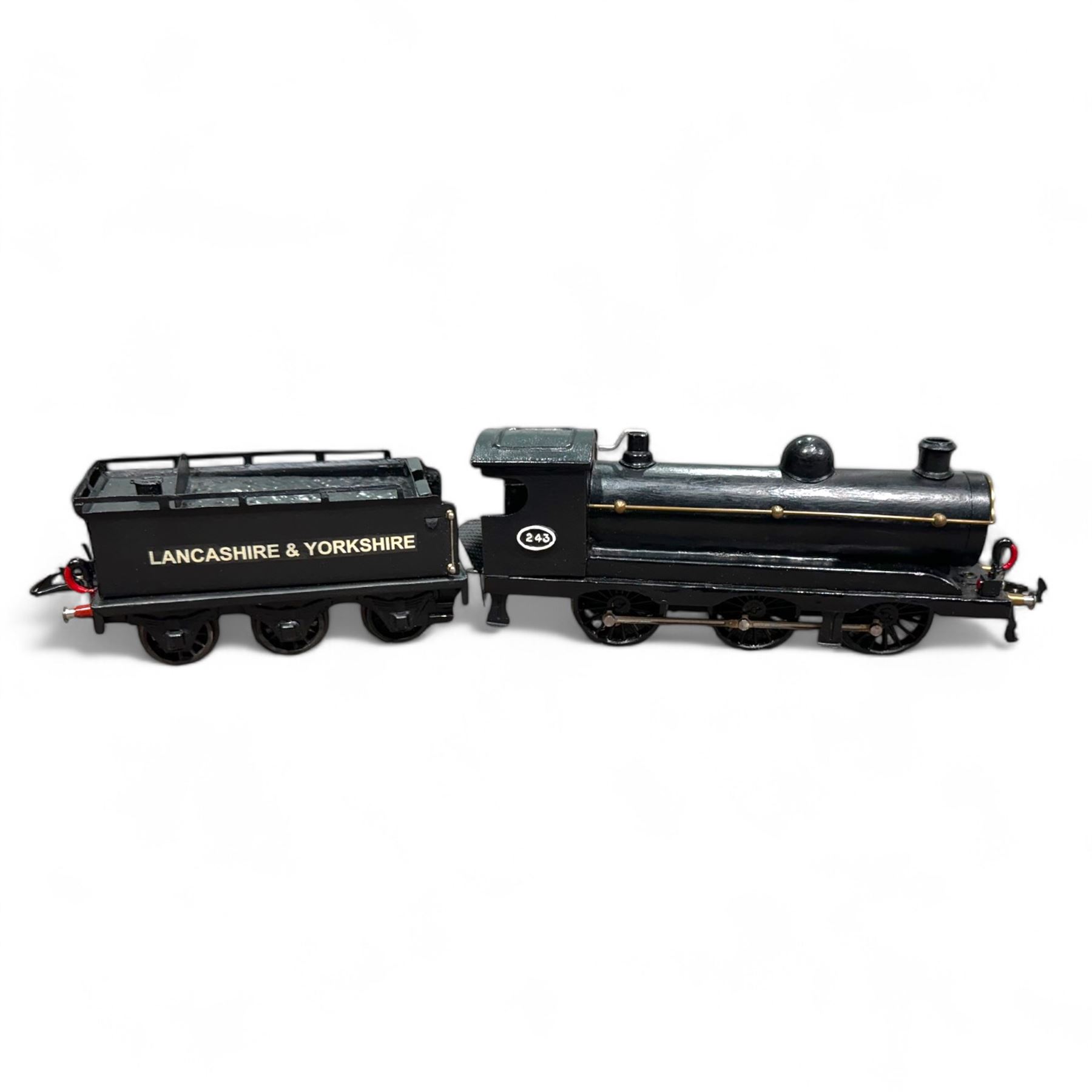 Scratch-built 0 gauge Lancashire & Yorkshire 0-6-0 locomotive no. 243, with tender, in black livery,  built using mostly Hornby parts