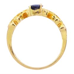 18ct gold pear cut sapphire and nine stone round brilliant cut diamond openwork ring, stamped 750