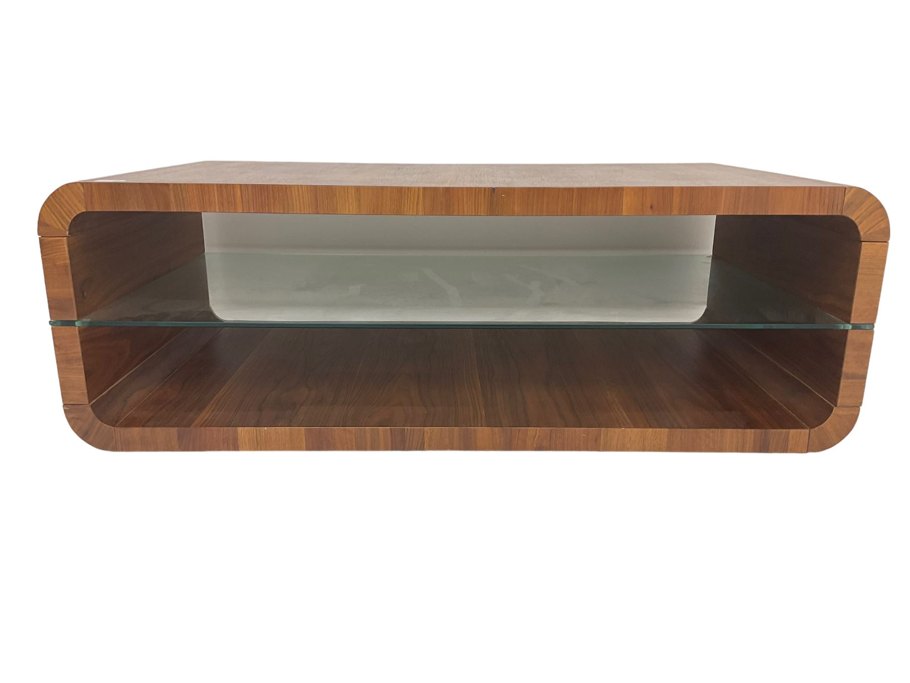 Contemporary walnut coffee table, curved rectangular form, fitted with central glass shelf