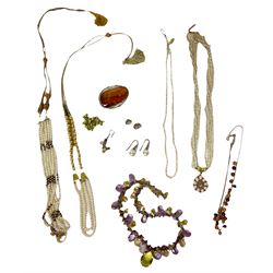 Beaded necklace with 22ct gold overlaid beads, pearl necklaces, silver earrings and a collection of beaded necklaces 