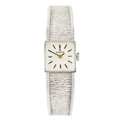 Tissot ladies 9ct white gold manual wind wristwatch, silvered dial with baton hour markers...