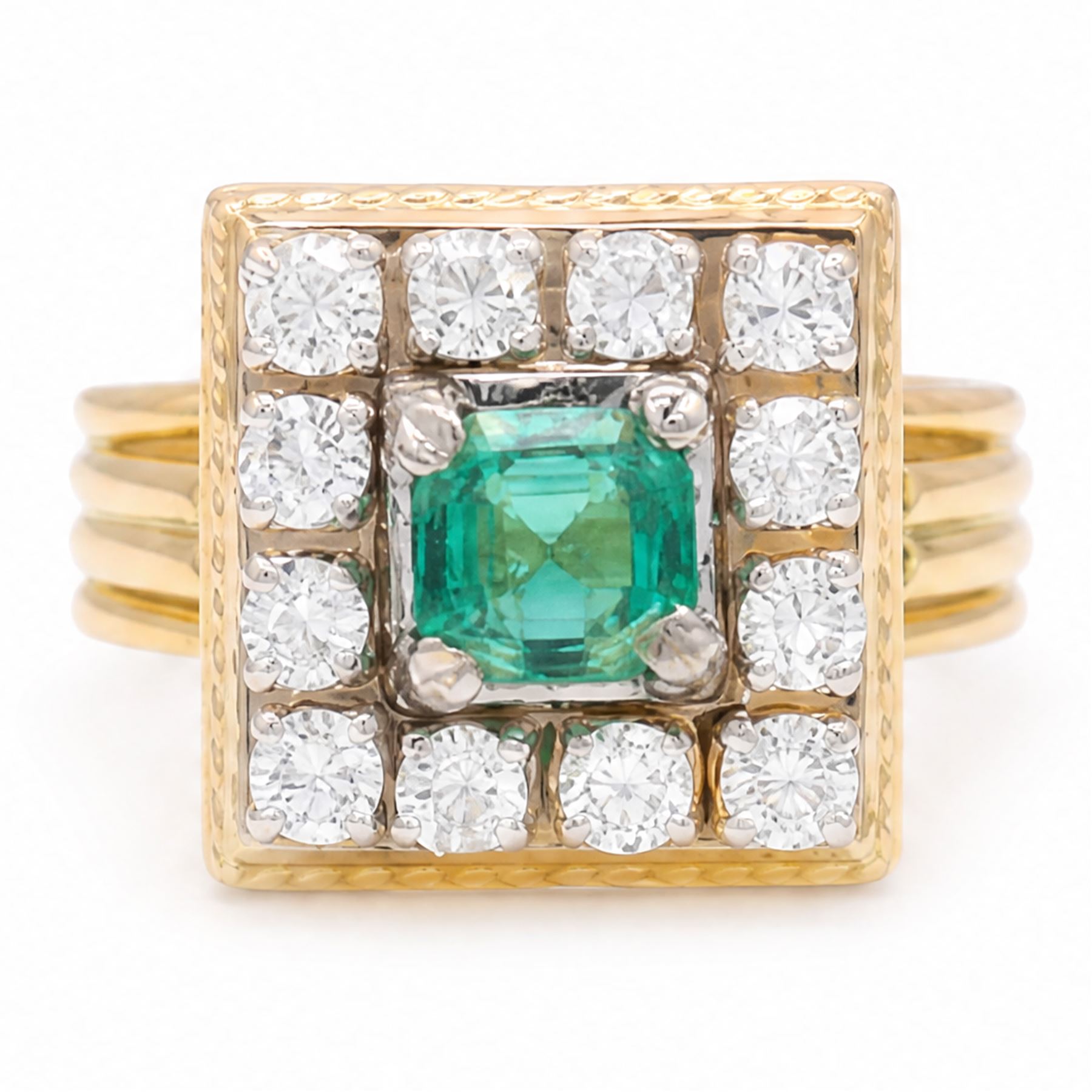 French 18ct gold emerald and diamond cluster ring, single octagonal cut emerald of approx 1.00 carat, surrounded by twelve round brilliant cut diamonds in a square setting, Eagle hallmark, total diamond weight approx 0.85 carat
