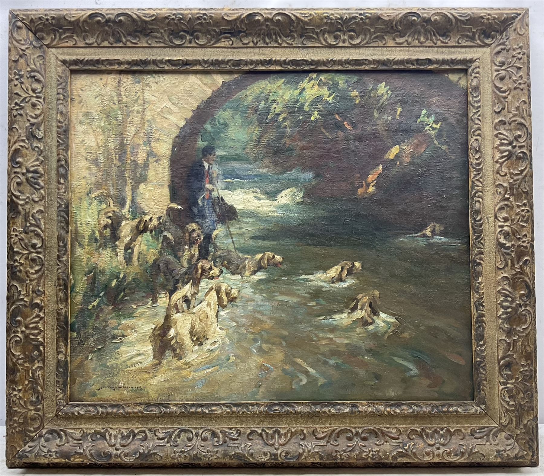 George Mortram Moorhouse (British 1882-1960): Huntsman and Hounds at 'The Kent - Hawes Bridge' Yorkshire Dales, oil on canvas signed and dated 1938, original title label with artist's Helsington, Kendal address verso 50cm x 60cm 
Notes: Moorhouse, often misspelled George Mottram Moorhouse, was a pupil of Sir William Orpen, Sir Frank Brangwyn, and Augustus John.
