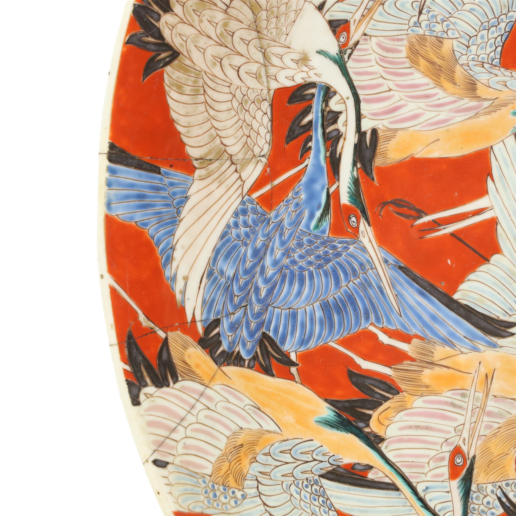 Large Japanese charger profusely decorated with cranes, six character mark in underglaze blue to base, D60cm 