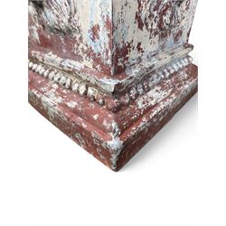 Early 20th century terracotta pedestal, square form with egg and dart detail, four lions masks to either side, finished in distressed cream paint