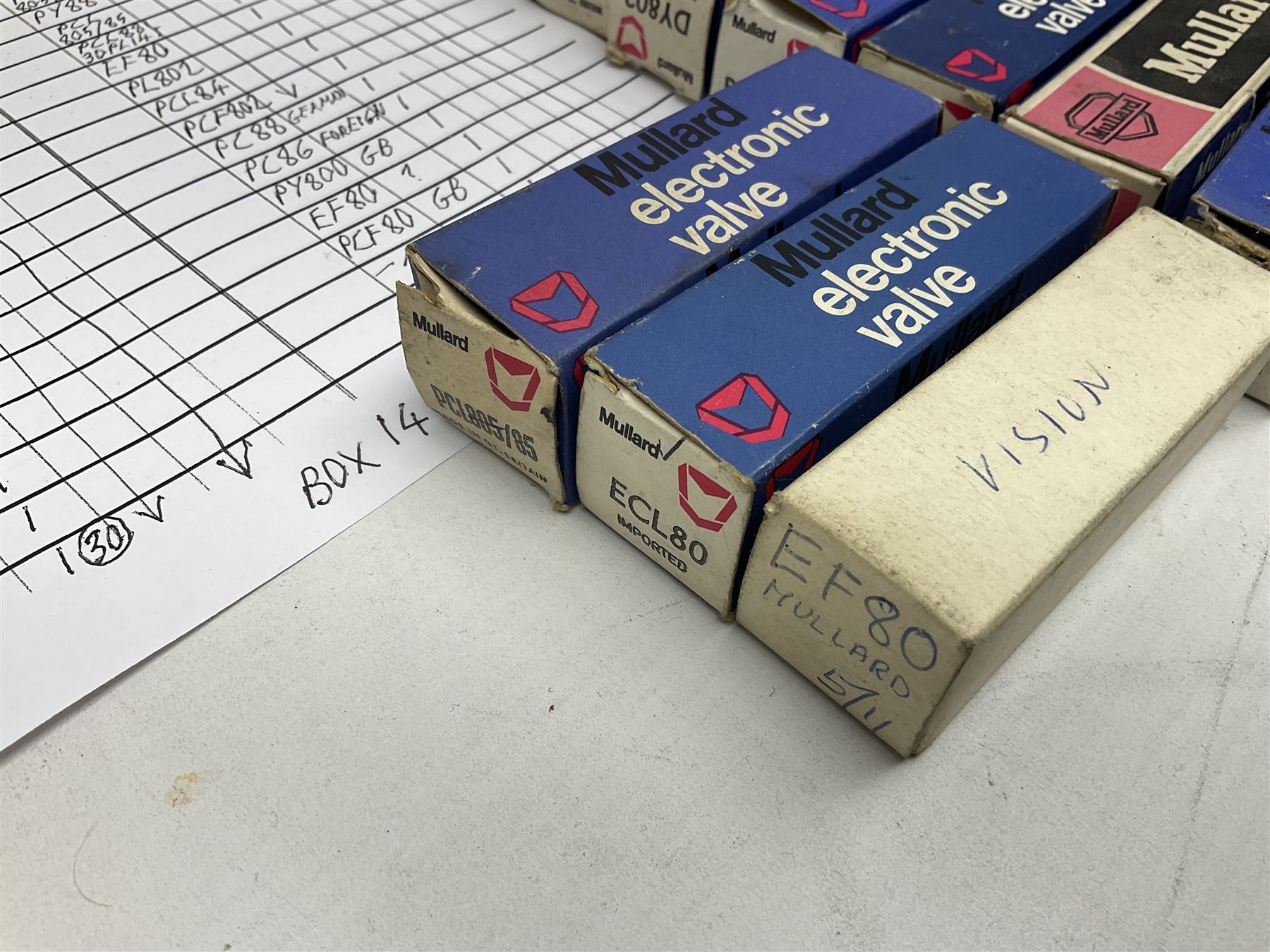Collection of Mullard thermionic radio valves/vacuum tubes, including PCC189, PCL805/85, DY802, PCL86, PFL200, etc approximately 60 as per list, all boxed